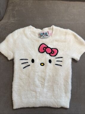 Hello Kitty White Fuzzy Short-Sleeve Top with Pink Bow Accent